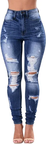 Miniatura 6 de KUNMI - Pantalones de mezclilla clásicos de cintura alta para mujer, elásticos, con efecto de levantamiento de glúteos, ajustados