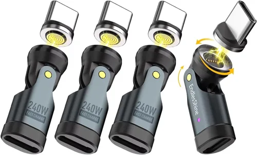 Miniatura 7 de Adaptador magnético USB C a C, 240 W PD de carga rápida de 480 Mbps de datos de 9 pines, conector de ruptura giratorio de 540°, indicador LED