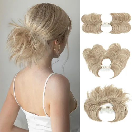 Miniatura 21 de Postizo de Cabello de Moño Despeinado con Peine Lateral Clip en Postizo de Moño para Mujeres Corto Natural Liso Versátil Estilos Ajustables Piezas