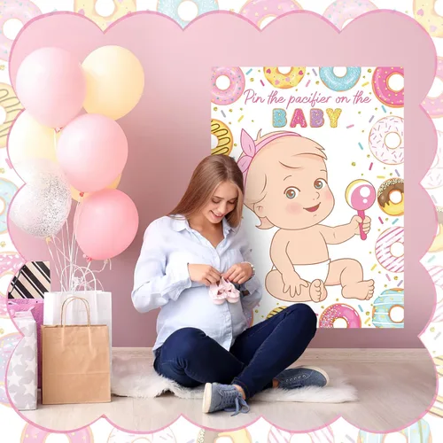Miniatura 6 de Faccito Pin The Chupete Juego de baby shower, decoración de fiesta de baby shower, incluye póster grande, 24 calcomanías para chupete, juego