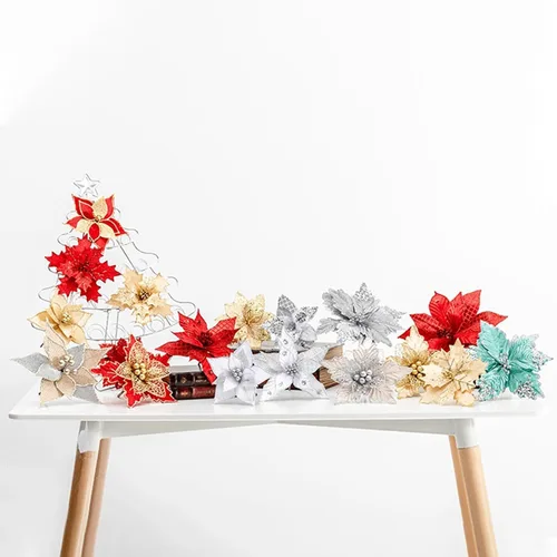 Miniatura 6 de 6 adornos para árbol de Navidad con purpurina para árbol de Navidad, flores artificiales de Navidad, accesorios florales, flores de franela