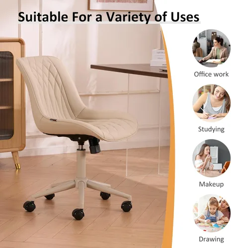 Miniatura 7 de YOUNIKE Silla de escritorio de oficina en casa con ruedas, silla de tocador sin brazos con respaldo cómoda y moderna tapizada de cuero, silla Crema