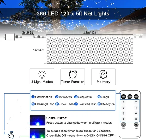 Miniatura 7 de JMEXSUSS Luces de Red al Aire Libre Impermeables, 12 pies x 5 pies con 8 Modos y Control Remoto, 360 LED, Luces de Red Enchufables para Decoración