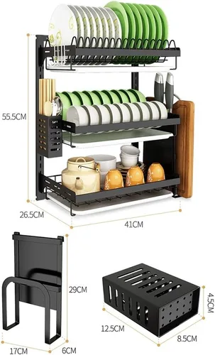 Miniatura 2 de Escurridor de platos montado en la pared de acero inoxidable 201 con bandeja de drenaje, estante de cocina de 3 capas, organizador de utensilios