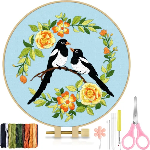 TINDTOP Kit de Bordado para Principiantes Adultos, Kit de Bordado de Pájaros para Principiantes, Incluye Tela de Bordado Aros Hilos para Amantes de