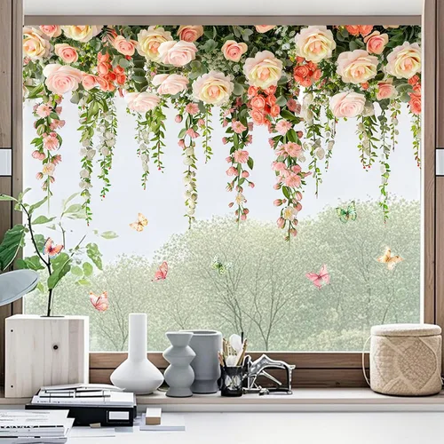 Miniatura 4 de Calcomanías de pared de rosas vívidas, calcomanías de pared florales de vid colgantes, calcomanías de mariposa, papel tapiz para despegar y pegar