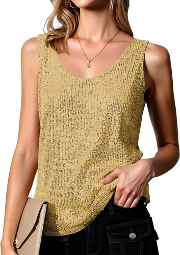 Miniatura 9 de Tops de Lentejuelas para Mujeres Sin Mangas Cuello Pronunciado Brillantes con Destellos Camisetas Sin Mangas Sexy para Fiestas Camiseta Base Sin