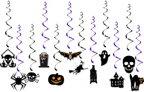 Decoración para fiesta de Halloween, murciélagos, brujas, serpentinas, 12 piezas espeluznantes de fantasmas, calaveras, esqueletos, calabaza, gatos,