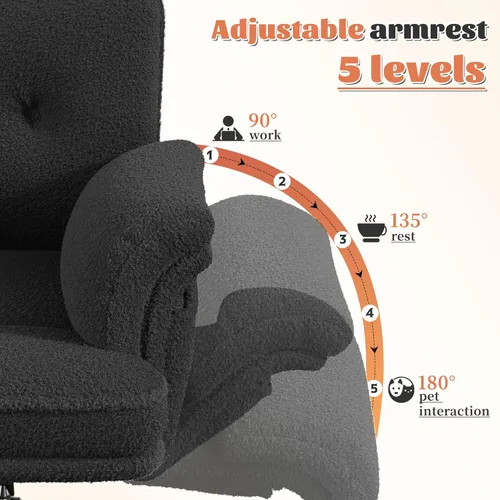 Miniatura 4 de DurayLoly Silla cruzada con ruedas y brazos, silla de tocador de felpa con bolsillos laterales, sillas de escritorio ajustables para oficina en Negro