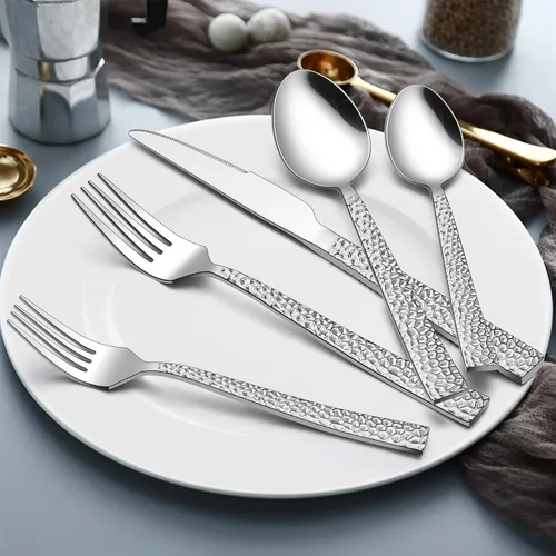 Miniatura 3 de LIANYU Juego de cubiertos martillados de 24 piezas con tenedores de ensalada adicionales, cubiertos cuadrados de acero inoxidable para 4, utensilios