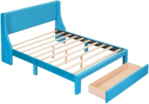 Miniatura 5 de Anwick Base de cama de terciopelo de tamaño matrimonial con cajón de almacenamiento, cama moderna tapizada con cabecera y listones de madera maciza