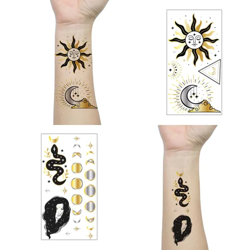 Miniatura 2 de 9 hojas de tatuajes temporales pequeños, color negro, calcomanías de tatuaje de cara para hombres y mujeres, dorado metálico, flor espacial, luna