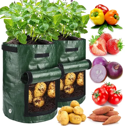 JJGoo Paquete de 2 bolsas de cultivo de patatas de jardín de 10 galones con solapa y asas de aireación, macetas de tela de aireación, macetas de