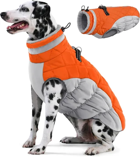 Miniatura 30 de AOFITEE Abrigo para perro, chaquetas cálidas para perros grandes, abrigo reflectante de cuello alto para perros con arnés integrado, impermeable
