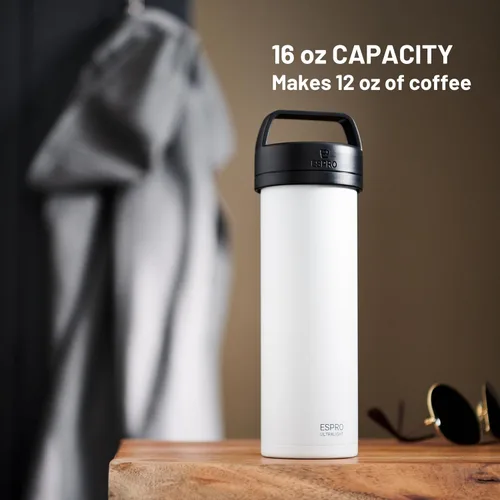 Miniatura 3 de ESPRO P0 Prensa francesa de café ultraligera para viajes, de acero inoxidable con aislamiento al vacío, 16 onzas, blanco tiza Tiza mate blanco