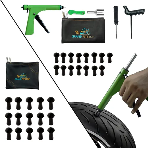 GRAND PITSTOP Kit de reparación de pinchazos de neumáticos sin cámara para motocicleta y automóviles con 15 tapones de hongos + 15 tapones de hongos