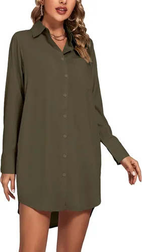 Miniatura 4 de LYANER Vestido camisero para mujer con cuello en V, botones, manga larga y dobladillo curvado
