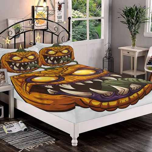 Miniatura 18 de Juego de sábanas bajeras decorativas tamaño Queen, sábanas bajeras de Halloween con bolsillos profundos y 2 fundas de almohada (sin sábana plana)