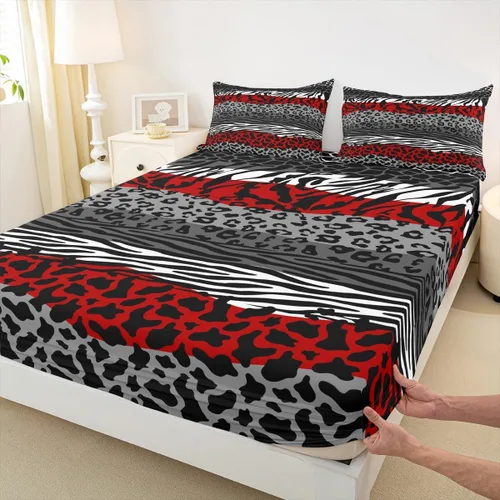 Miniatura 21 de Sábana bajera ajustable con estampado de leopardo, tamaño individual, juego de ropa de cama rústica con rayas de piel de cebra, decoración