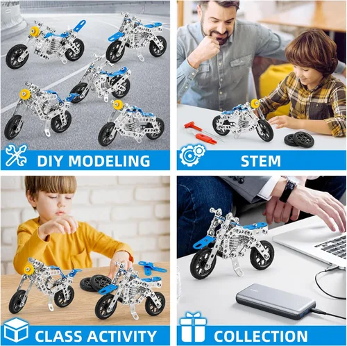 Miniatura 4 de BESTYMXY Kit de construcción modelo de motocicleta, 5 en 1 de metal para motos STEM, juguetes de construcción para niños de 8 a 12 años, ensamblaje