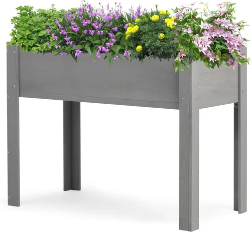 Miniatura 9 de Cama de jardín elevada de 48 x 24 x 30 pulgadas con patas, maceta de madera elevada para plantas al aire libre Gris