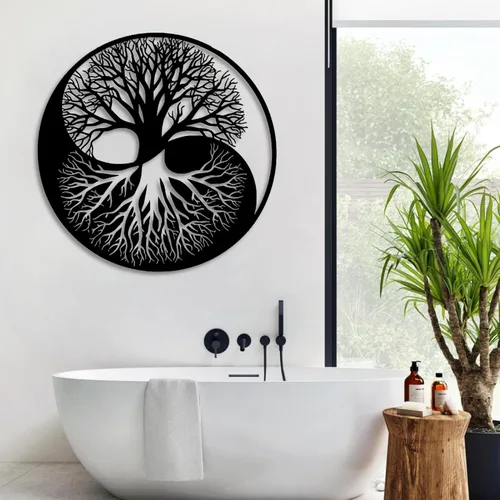 Miniatura 3 de Cadeali Arte de pared de metal con árbol de la vida, decoración de Yin Yang de metal, decoración de pared de árbol, arte de Yin Yang, sala de estar
