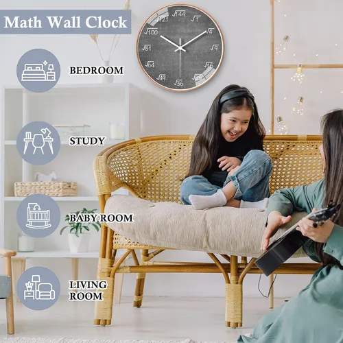 Miniatura 6 de QINFIEY Reloj de pared de matemáticas de 12 pulgadas, silencioso, sin tictac, movimiento de cuarzo de calidad, reloj de pared para decoración de Gris
