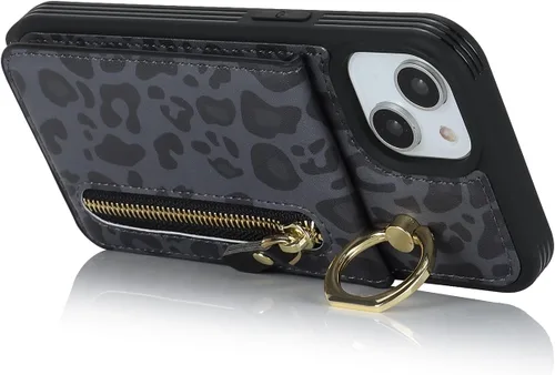 Miniatura 9 de Funda para iPhone 13 mini con tarjetero y correa para mujer, bolsa cruzada con soporte de anillo con cremallera para Apple 13mini, leopardo negro