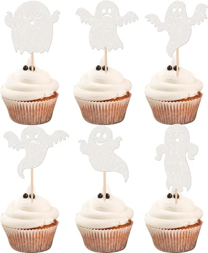 Miniatura 28 de Rsstarxi Paquete de 36 adornos para cupcakes de Halloween, murciélagos con purpurina, palitos de calabaza y calabazas, sombrero de bruja