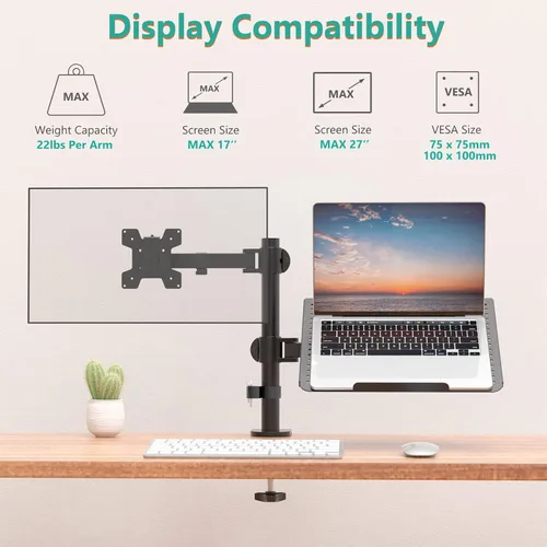 Miniatura 3 de WALI Soporte para laptop y monitor, soporte para monitor totalmente ajustable y bandeja para laptop para 1 portátil de hasta 17 pulgadas y 1