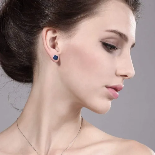 Miniatura 5 de Aretes de oro blanco de 10K genuino con perno de 4puntas (2,12quilates, 6mm, redondo), de zafiro color azul