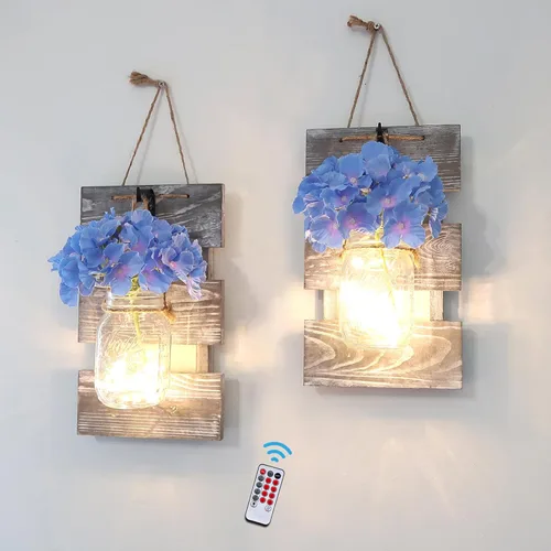 Miniatura 11 de Conjunto de Decoración de Pared Rústica de Dos Piezas - Apliques de Frasco Mason con Luces de Hadas LED y Flor de Rosa, Decoración del Hogar Arte