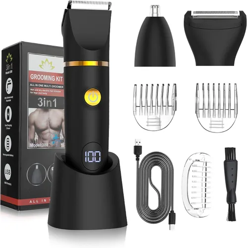 Qreeyx Recortador Corporal para Hombre, Kit de Aseo 3 en 1 para Hombres con Recortador de Pelo Pubiano/Nariz y Afeitadora de Bolas para Remoción de