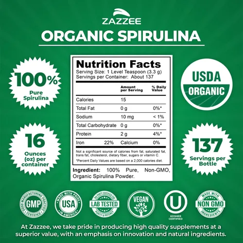 Miniatura 2 de Zazzee Polvo de Espirulina Orgánica, 16 Onzas (1 LB), Certificado USDA, 137 Porciones, 100% Puro, Kosher, No Irradiado, Envase de Boca Ancha Sin