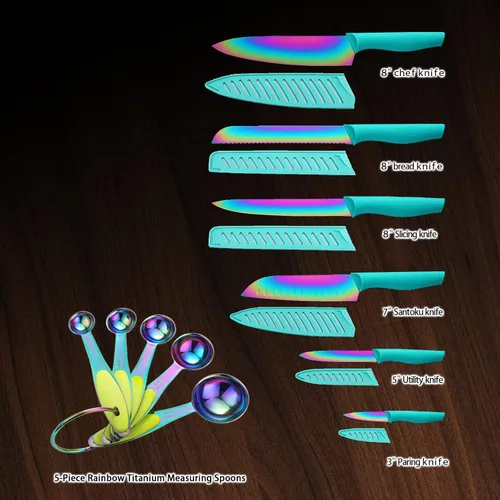Miniatura 2 de KYA37B - Juego de cuchillos con cucharas, protectores de cuchillas y cucharas medidoras, Marco Almond® Rainbow Color 17 piezas de cuchillos