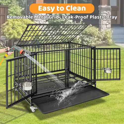 Miniatura 5 de Homey Pet Paquete de 2 jaulas apilables de tres niveles de 43 pulgadas para perros con ruedas, jaula de acero indestructible para perros