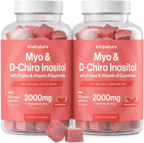 Miniatura 10 de kindnature Gomitas de mio-inositol y D-Chiro inositol para mujeres, 2000 mg + 50 mg, proporción ideal 40:1, con vitamina D y folato, equilibrio