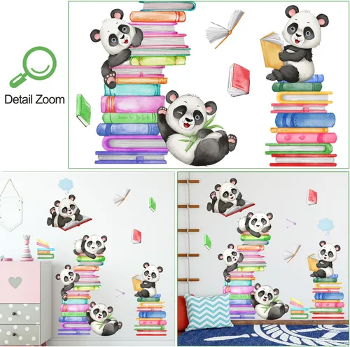 Miniatura 3 de Amaonm - Calcomanía de pared de libro de lectura de panda feliz de dibujos animados, calcomanías educativas, decoración artística para niños, niños
