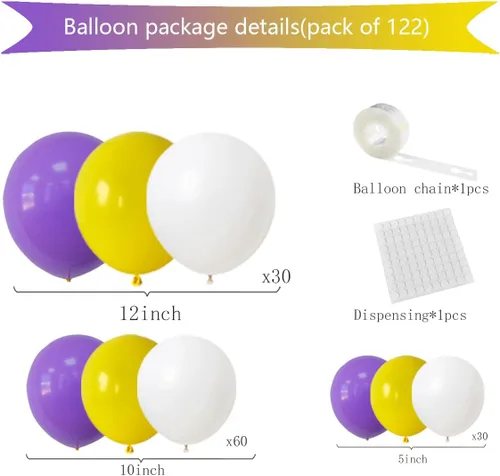 Miniatura 7 de Kit de arco de guirnalda de globos morados y amarillos y blancos, 122 globos amarillos, morados y blancos para cumpleaños, boda, aniversario