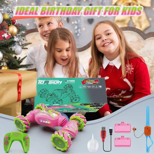 Miniatura 8 de Nicella Coche de control remoto, autos RC rosas para niñas, acrobacias de gestos con luz y música, 4 WD, rotación de 360°, juguetes de auto