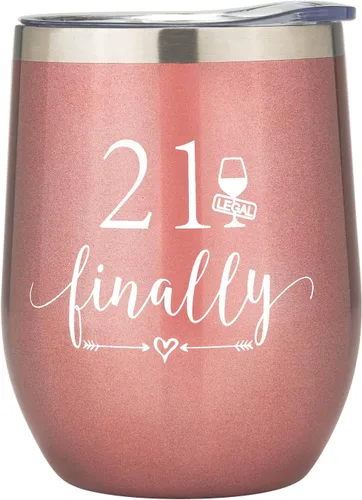 Crisky Vaso de vino de oro rosa con el número 21 y finalmente para niña, regalo de cumpleaños número 21, ideas divertidas para novia, hermana,