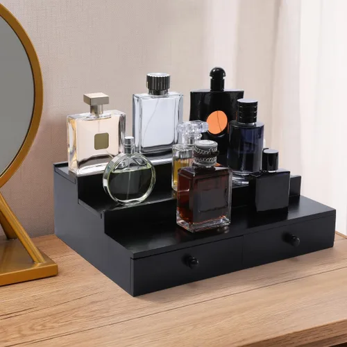 Miniatura 7 de Organizador de colonia Boulphia para hombre, soporte de colonia de 3 niveles con cajón y compartimento oculto, estante de madera para exhibidor