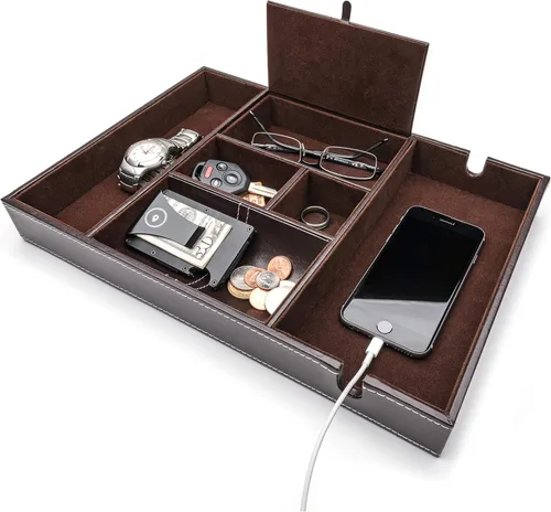 ULTRAY Organizador de mesita de noche, bandeja de valet para hombres y mujeres, bandeja EDC, cómoda de piel sintética, color marrón oscuro, 6