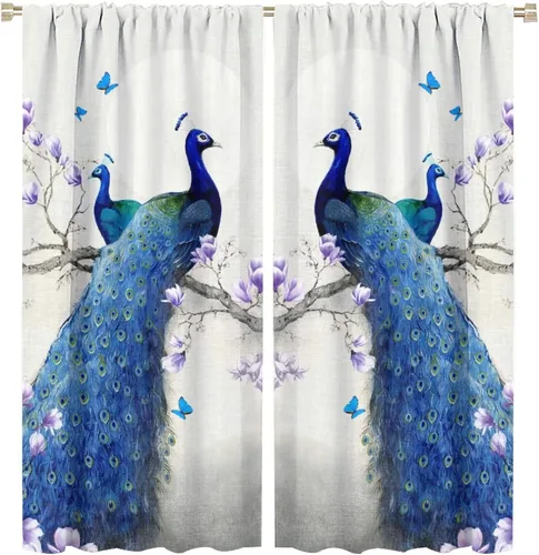 Miniatura 69 de Cortina opaca con estampado de pavo real, con estampado de animales retro, con bolsillo para cortinero y flores de peonía doradas, para dormitorio