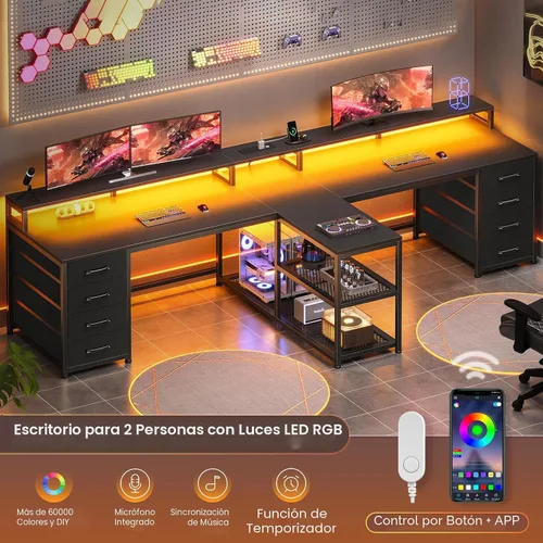 Miniatura 3 de SEDETA Escritorio para juegos para 2 personas de 94.5 pulgadas, escritorio largo para computadora de oficina con 8 cajones y luz LED, escritorio