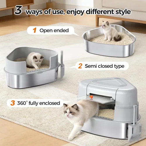 Miniatura 8 de Chumajor Caja de arena XXL de acero inoxidable para gatos con tapa, resistente, sin olor y ahorro de espacio, diseño oculto para gatos grandes