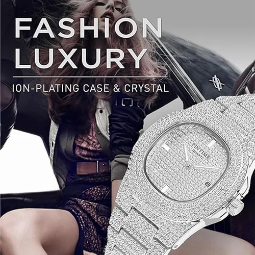 Miniatura 6 de Reloj unisex de lujo con diamantes de cristal, reloj de cuarzo de cara grande para mujer, reloj de cuarzo para hombre, color dorado, color plateado