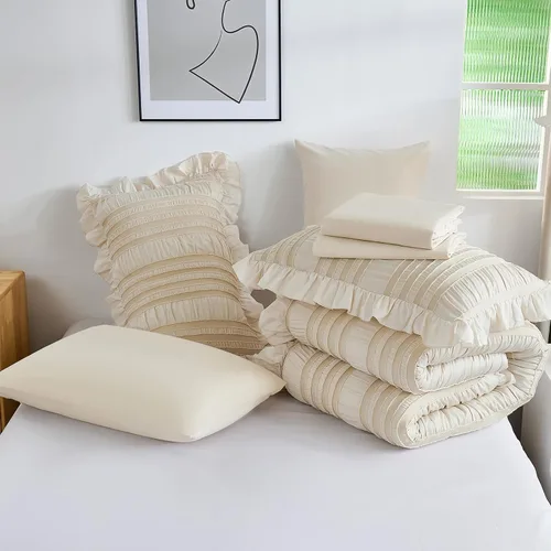 Miniatura 7 de WONGS BEDDING Juego de edredón individual, 6 piezas de cama beige en una bolsa para dormitorio, edredón bohemio con volantes para cama individual