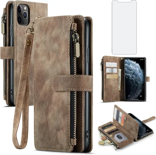 Asuwish Funda de teléfono para iPhone 11 Pro Max 6.5 Funda tipo cartera y protector de pantalla de vidrio templado, soporte para tarjeta de crédito,