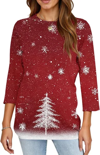 Miniatura 119 de Camisetas de manga 3/4 para mujer, cuello redondo, holgadas, casuales, con estampado floral, camisetas de moda para el trabajo de negocios